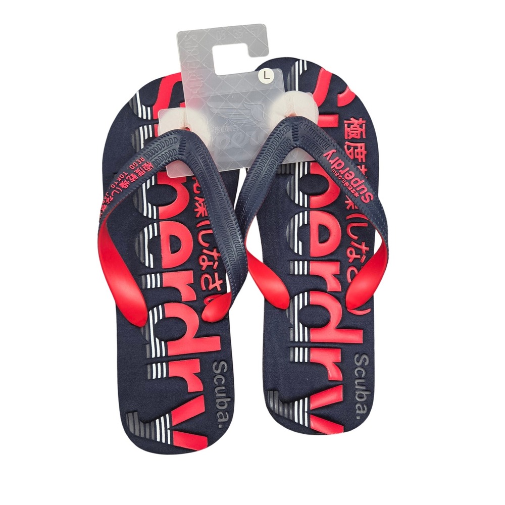 Superdry Scuba Flip Flops Mens L 11 12 Navy Red Logo Beach Sandals Resort Japan